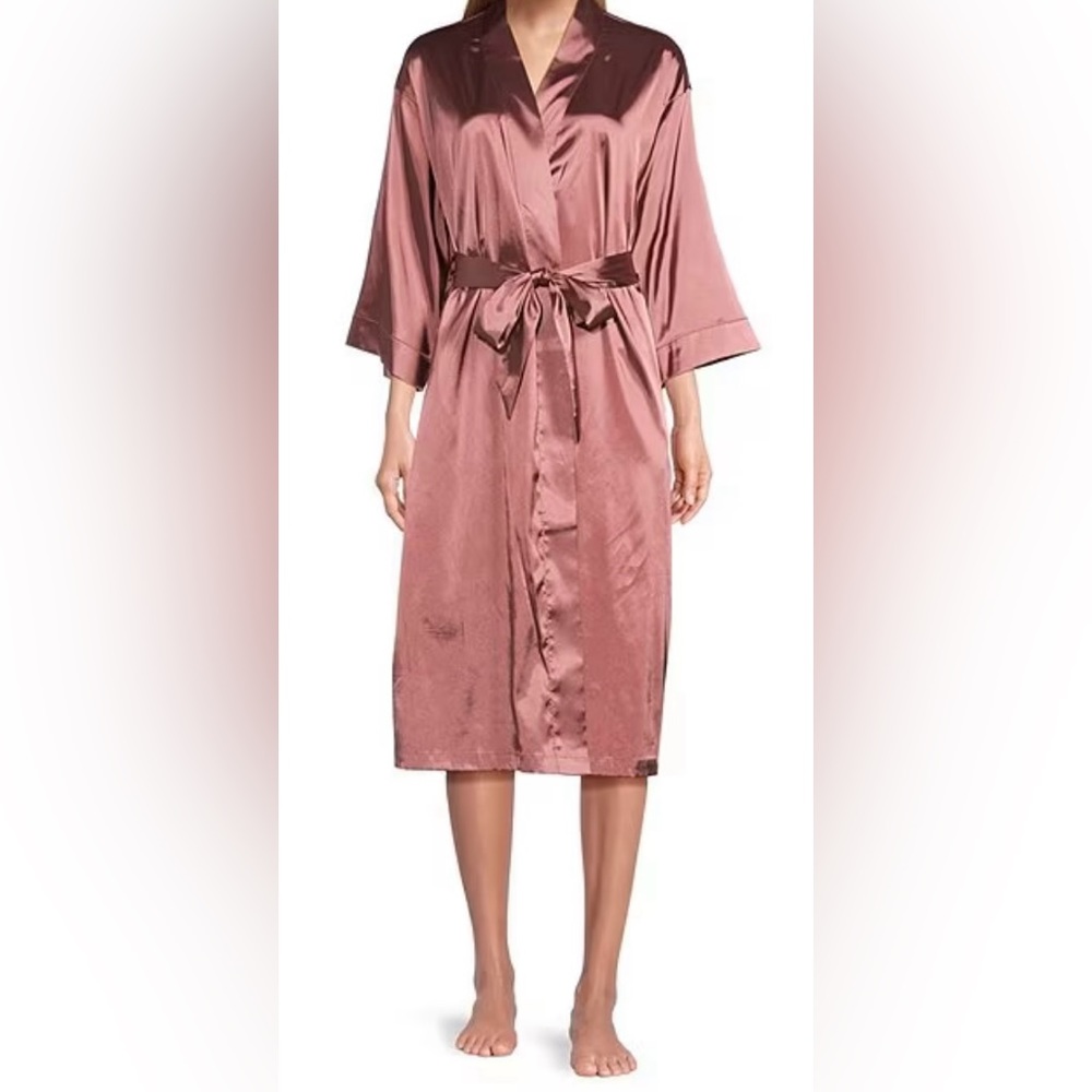 Satin Stretch Wrap Robe Cabernet Sleep Sense Belted Pockets Mid Calf Sz SMALL